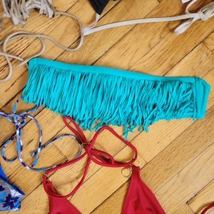 Blue fringe tube swimsuit L*Space Dolly Bandeau Fringe Bikini Top TIFfany blue